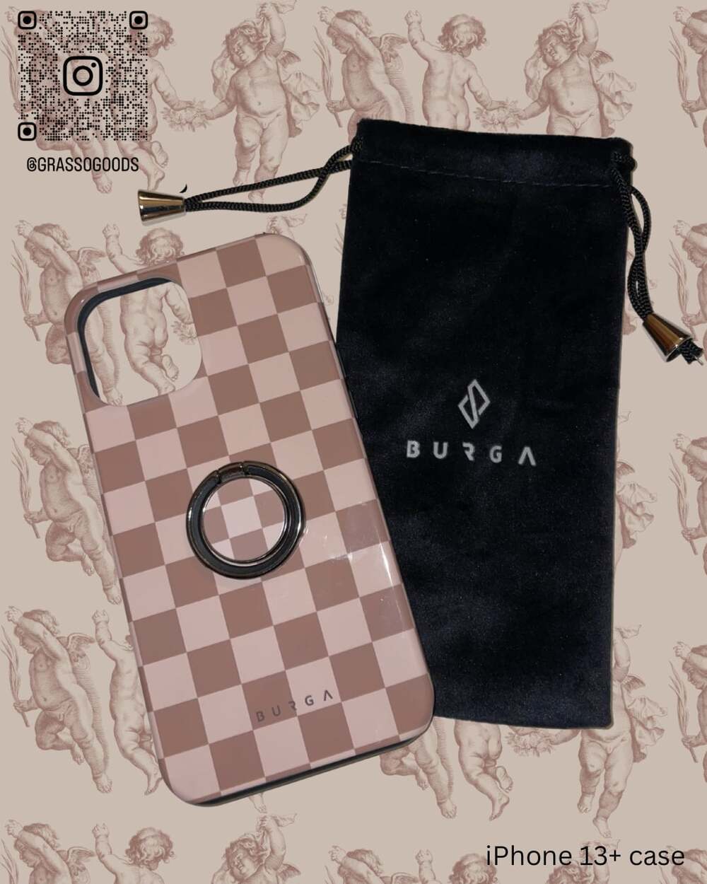 BURGA Beige Checkered Tough Case for iPhone 13 Pro Max with Ring Holder and Pouc